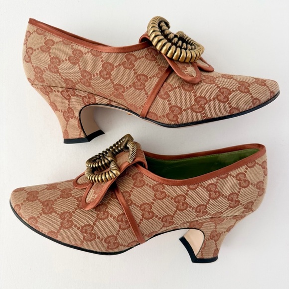 GUCCI || Rare GG Torchon Logo Canvas Monogram Pumps Copper Trim Heels EU 40 - Picture 4 of 16